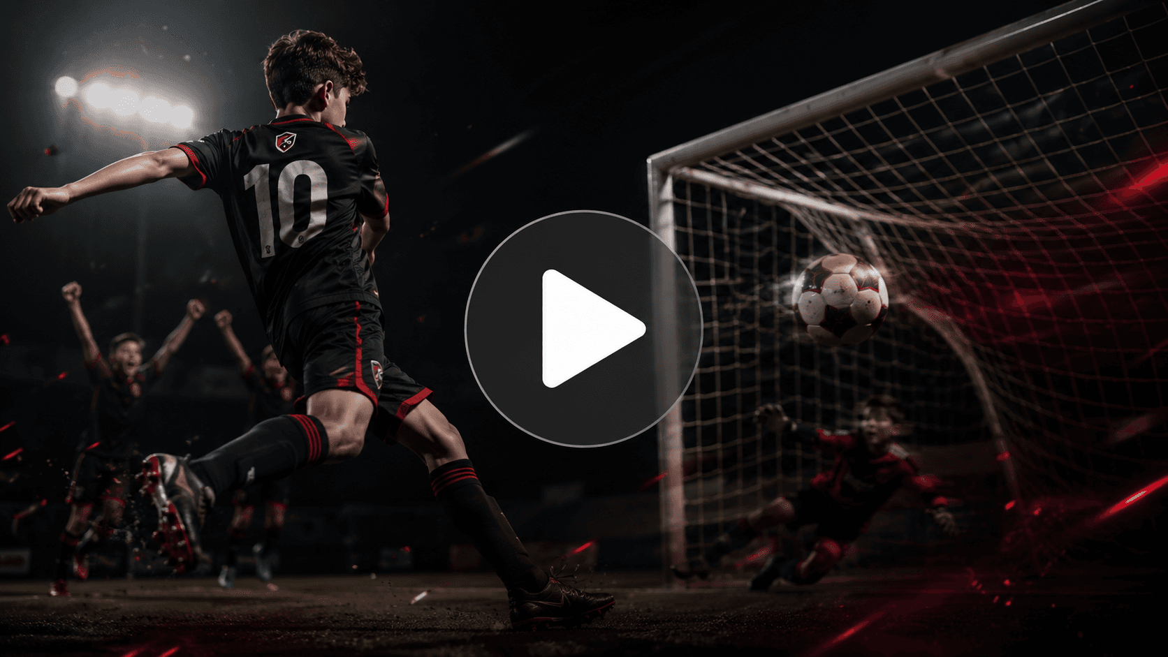 Soccer player #10 striking the ball into the goal under stadium lights