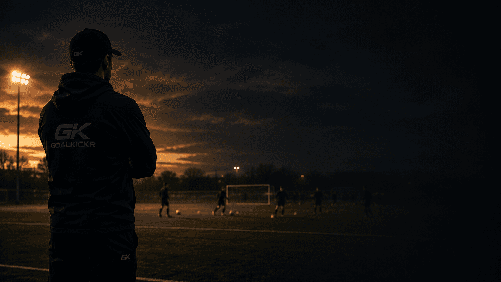 GoalKickr-branded head coach watching evening practice from the sideline at sunset
