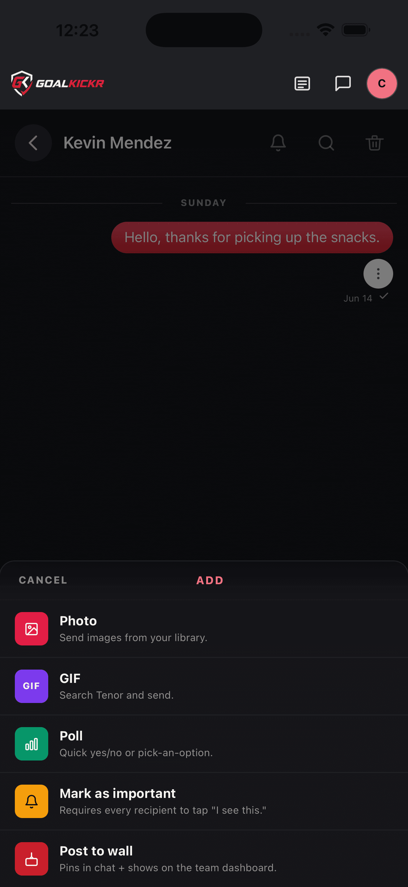 Chat ADD sheet: photo, GIF, poll, mark important, post to wall