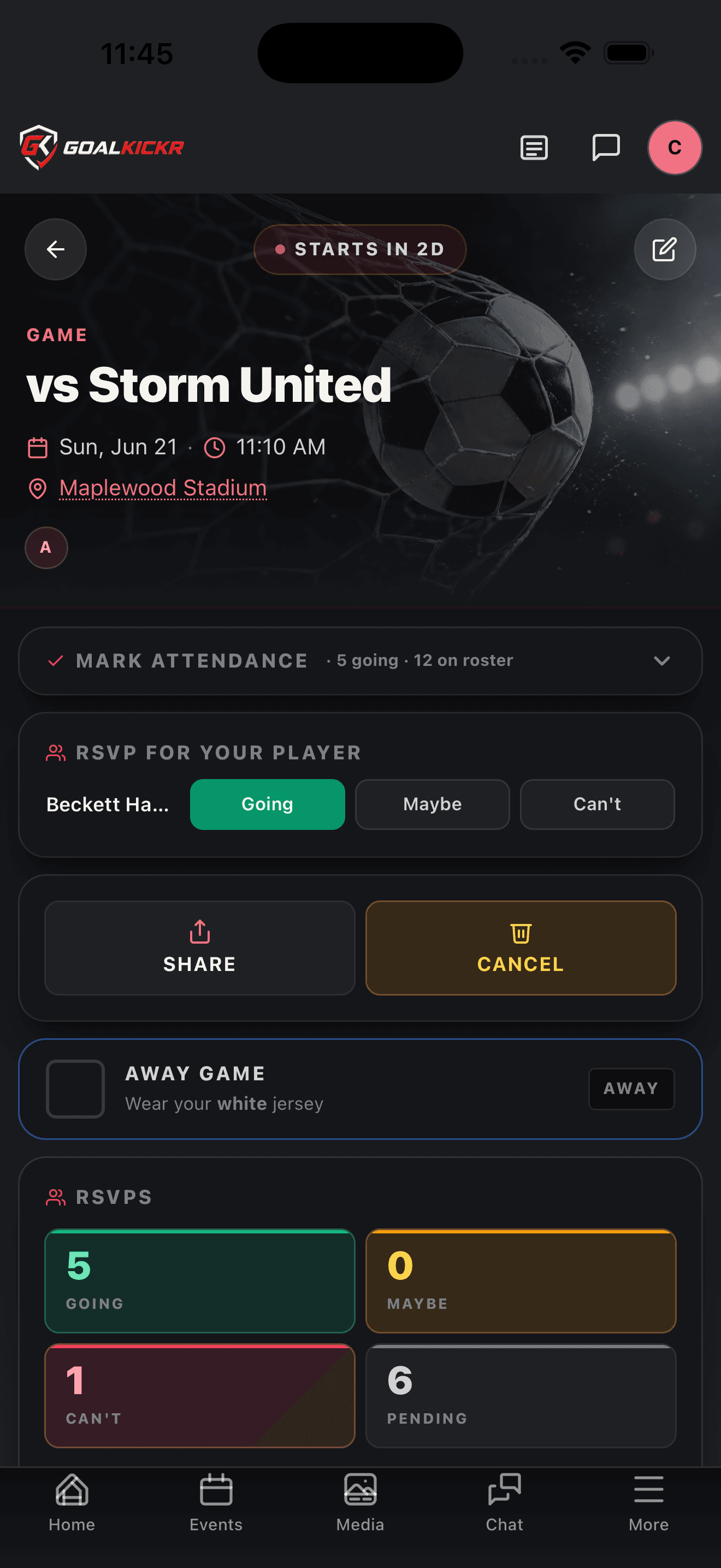 Single event detail with RSVP, attendance counts, and arrival time