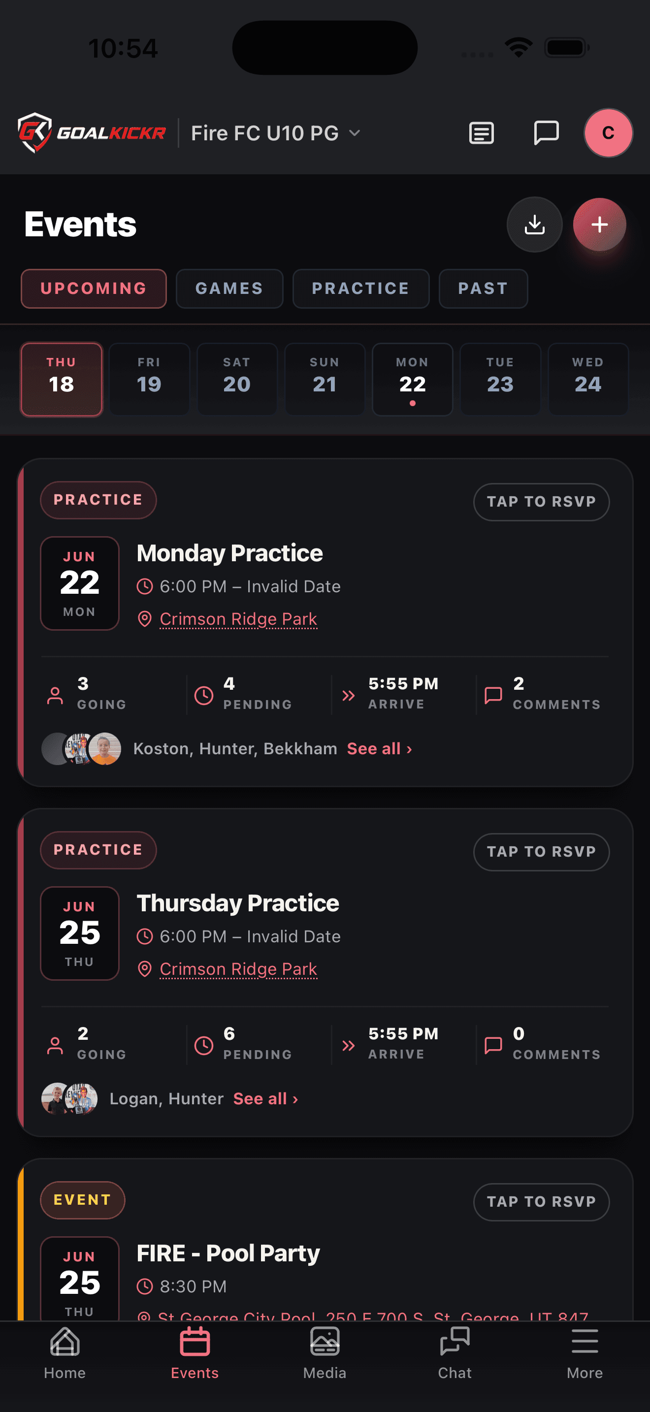 Events list with upcoming practices and games