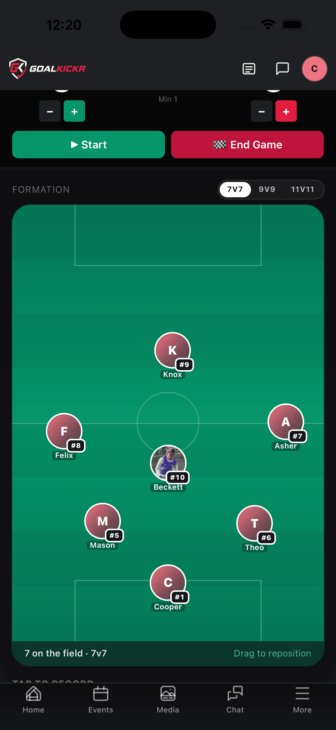 GameDay formation editor with players on the field