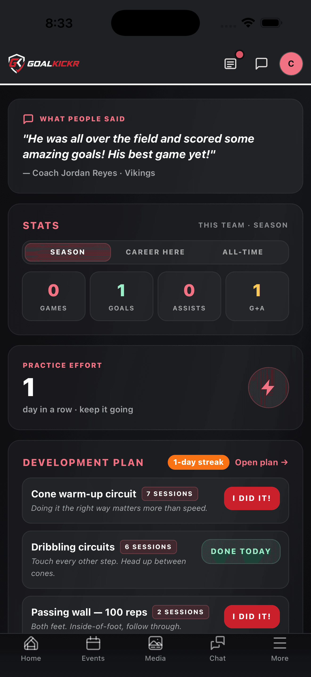 Player development plan with goals, streak, and "I did it!" buttons